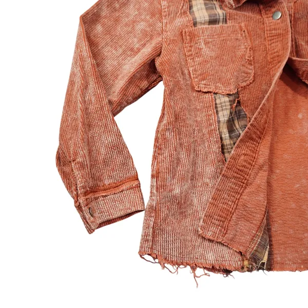 POL Large Corduroy Plaid Mixed Media Shacket Rust Orange Distressed Boho Country - Image 8