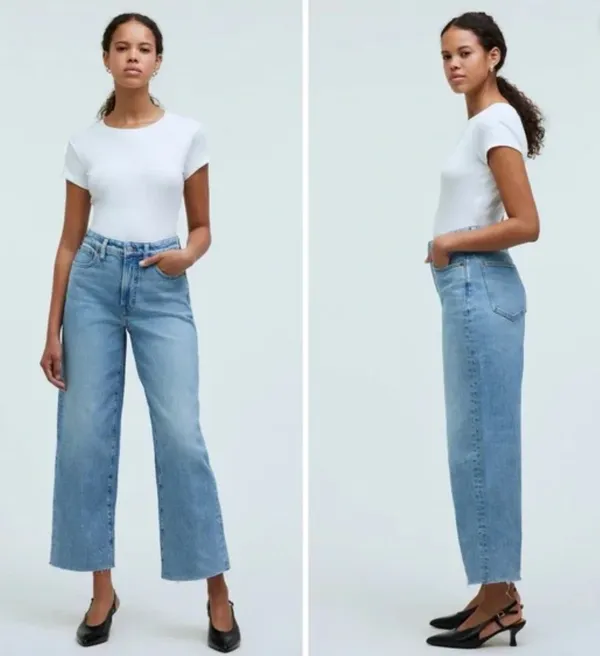 Madewell Wide Leg Crop Jeans Womens Size 32 Blue Raw Hem Front Pocket - Image 2