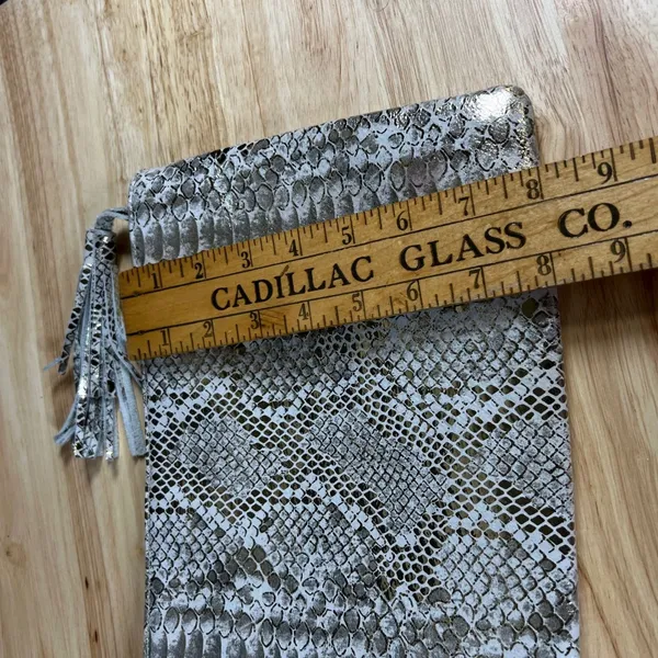 Channing Snakeskin Embossed Tassel Clutch Bag Metallic Gold Cream 12x8 - Image 6