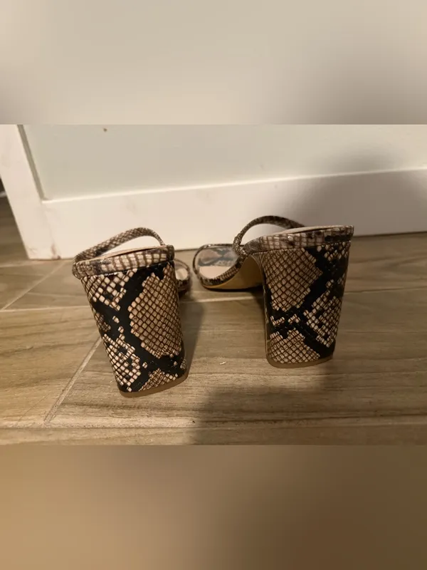 Snake-Print Strappy Block Heel Sandals in Beige/Black - Image 3