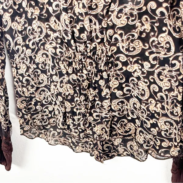SANDRO Baroque Brown Paisley Print Sheer Lace Trim Blouse Size Small Boho Chic - Image 7