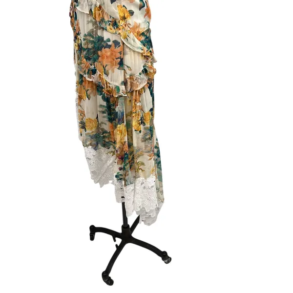 Anthropologie V-Neck Ruffle Lace Slip‎ Dress Floral White Multicolor Size US 4 - Image 10