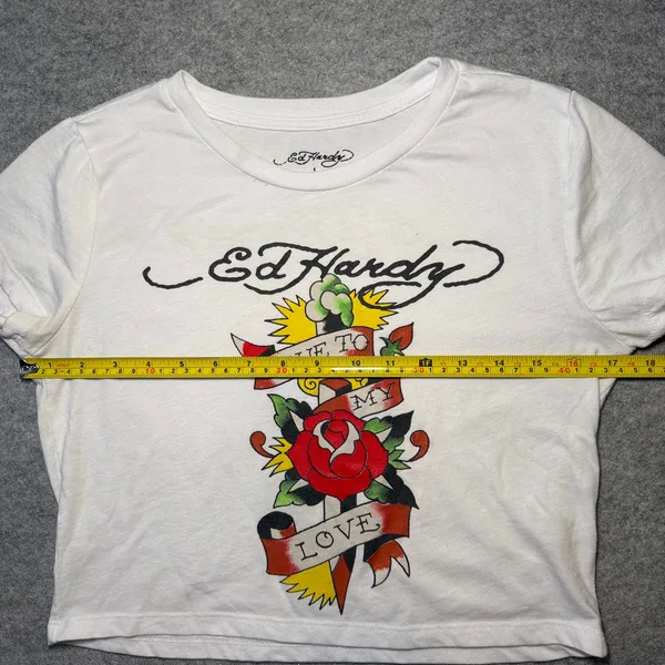 Ed Hardy Women L Crop Top Graphic Tattoo Rose Dagger Black White - Image 6