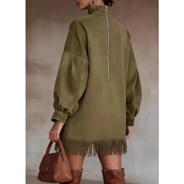 NEW Vegan Suede Tassel High Neck Loose Pocket Mini Dress M - Image 2