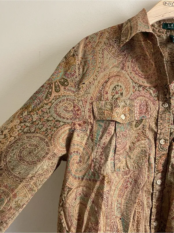 Lauren Ralph Lauren Paisley Button Down Shirt Size M Cotton Boho Blouse Brown - Image 4