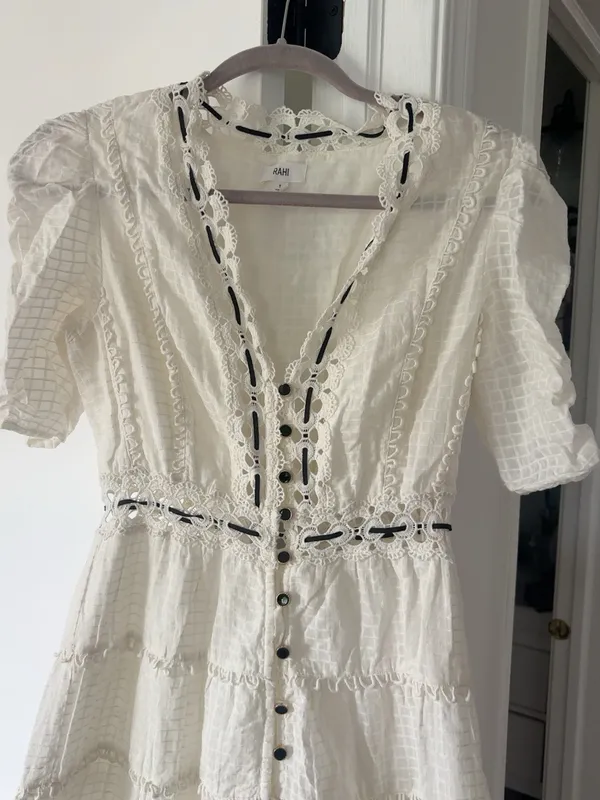 RAHI White Crochet Lace Midi Dress Black Ribbon Size S - Image 3