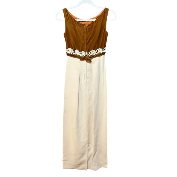 Vintage 60s Bronze Velvet‎ Lace Trim Empire Waist Maxi Dress Cream Column - Image 2