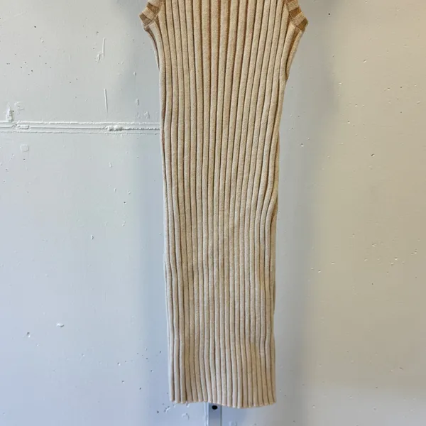 Ghanda Boutique Ribbed Knit Mini Dress Tan Cream Striped Bodycon Sleeveless Sm - Image 4