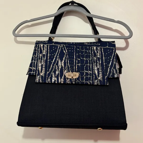 Elegant Ndop African Handmade Bag Bamileke Culture Blue - Image 3