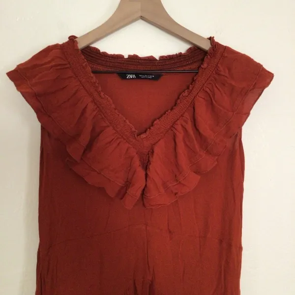 Zara Ruffle Midi V-Neck Terracotta Orange Red Smocked Tiered Flowy Dress Small - Image 3