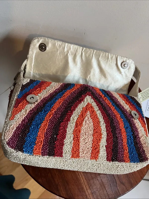 Handcrafted Beaded Multicolor Shoulder Bag - Neutral Strap festival beaded art - Image 3