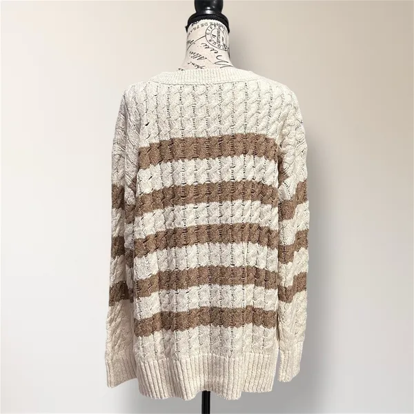 Pilcro Anthropologie M Cream Tan Stripe Cable Knit Sweater Oversized‎ Cozy Cabin - Image 4