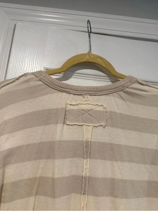 NWOT Free People We The Free Size M Tan Cream Striped Thermal Knit V Neck Top - Image 7