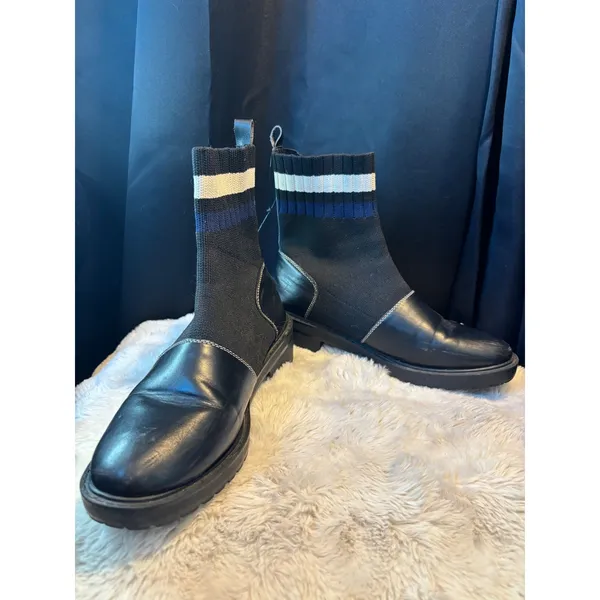 Black Ribbed Knit Sock Ankle Boots Striped Cuff Lug Sole Chelsea Boots Goth - Image 2