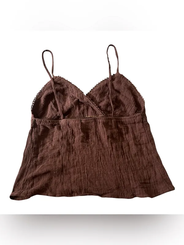 Vintage Y2K Newport News Brown Crinkle Cotton Lace Cami Top Size S - Image 2