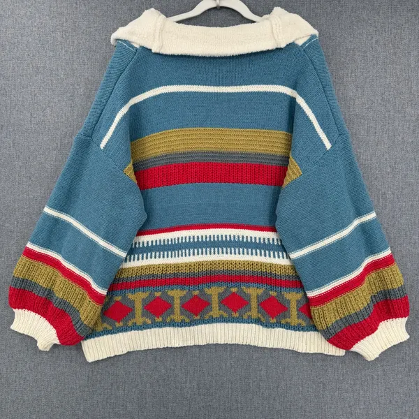 POL Oversized Colorblock Striped Chunky Quarter Zip Sweater Boho Crochet Flower - Image 2