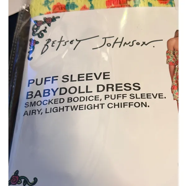 Betsey Johnson Babydoll Dress Sz L Floral Puff Sleeve Smocked Y2K‎ Mini New - Image 2