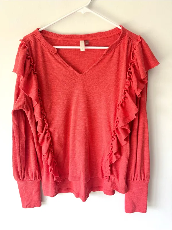 Anthropologie Pilcro Cozy Popover Ruffle Long Sleeves Top Orange Coral V Neck - Image 2