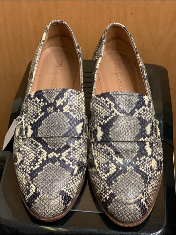 Madewell Leather Snake-Print Slip-On Loafers in Grey and Black Size-8 Edgy Chic - Image 3