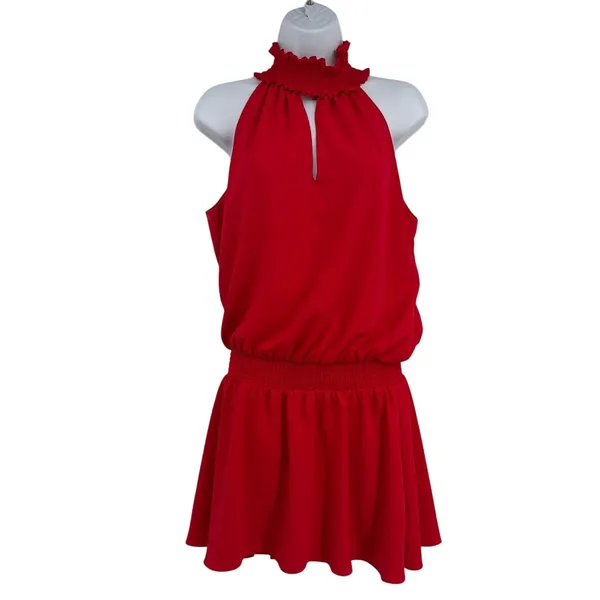 Amanda Uprichard Halter Mini Dress Sz M Quiet Luxury Paris Smocked Drop Waist - Image 2
