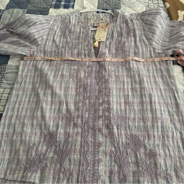 Johnny Was Malo Puff Sleeve Blouse S NWT Lavender Plaid - Image 6
