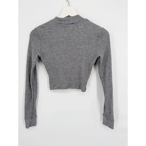 Tna Aritzia Thermal Crop Top XS Grey Excellent Mock Neck Long Sleeve Waffle - Image 2