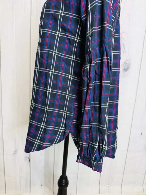 Ann Taylor Loft Plaid Tunic Blouse Women's Sz M V-Neck Black Blue Red - Image 6