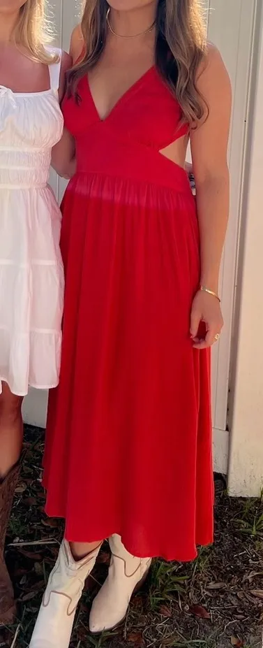Lulus Red V-Neck Midi Dress - Image 3
