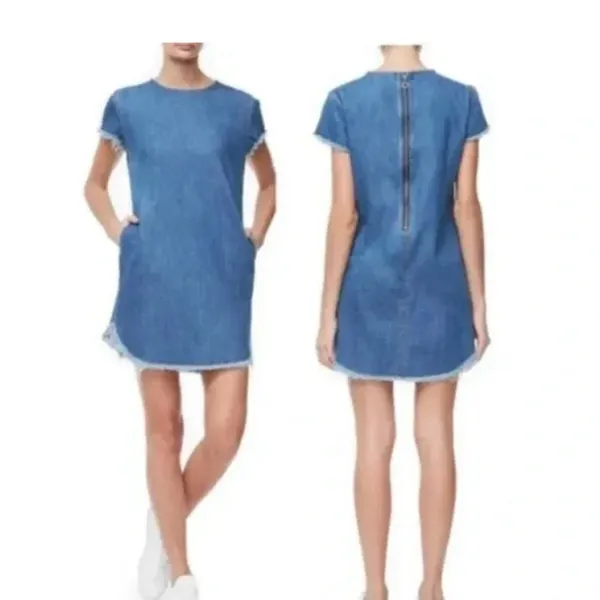 Good American Blue Denim‎ T-Shirt Dress Size 1 S Frayed Raw Edge Hem Mini Shift - Image 2