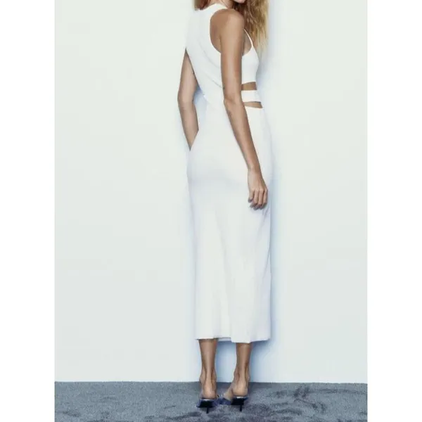 Zara Long Fitted Dress With Cut-Out Detail White Size M - Image 3