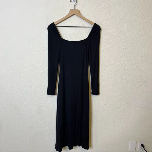 Aritzia Wilfred Black Palm‎ Dress Ling Sleeve Knit Midi Slit Twist Front Size M - Image 6