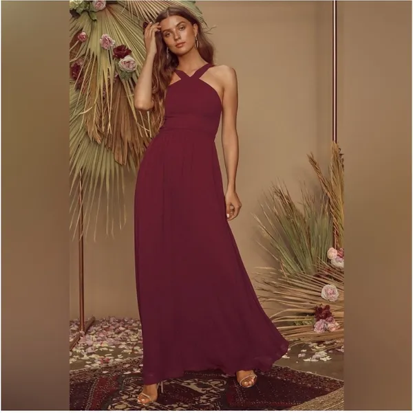 Lulu’s Burgundy/Wine Crisscross Halter Formal / Wedding Guest Maxi Dress Size L - Image 8