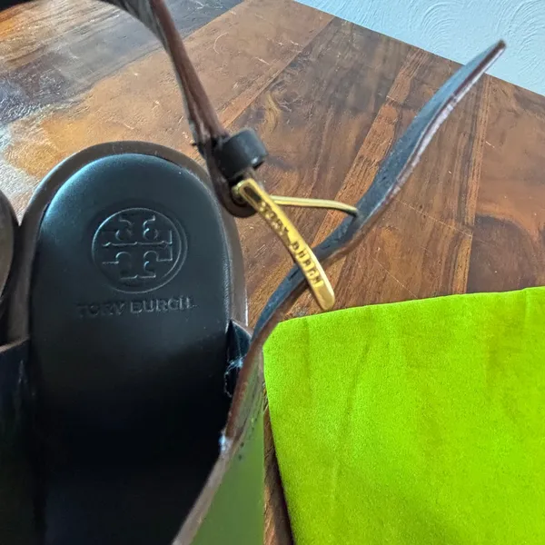 Tory Burch Black Leather Platform Wedge Sandals with Dust Bag Gold Buckle - Image 10