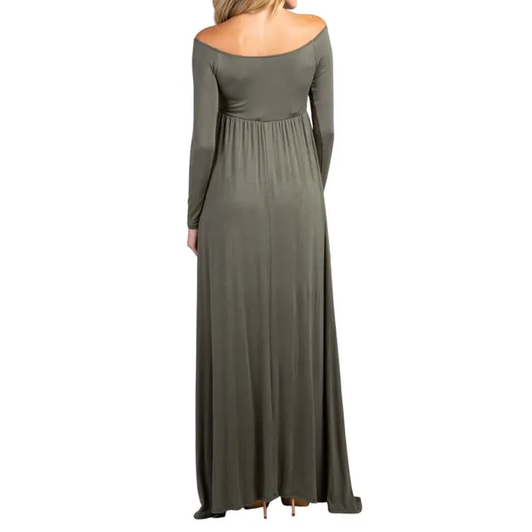 PinkBlush Solid Off Shoulder Maternity Maxi Dress in Olive Green, Size L - Image 3
