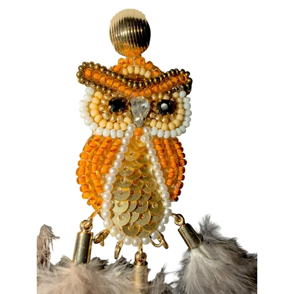 Chico's Birds of a Feather Owl Beaded‎ Feather Dangle Earrings NWT No Droop - Image 4
