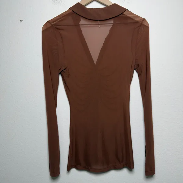 Free People Women Lucky Mesh Shirtee Top XS Brown‎ Mesh Ruched Button Up - Image 6