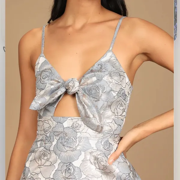NWT Lulus‎ Quick to Love Blue Floral Jacquard Tie Front Pockets Dress LARGE - Image 2