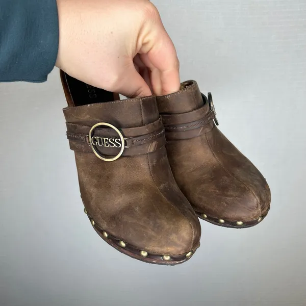 Guess Jovanna-T Brown Leather Studded Wood Platform Clog Mules Womens 9M‎ - Image 2