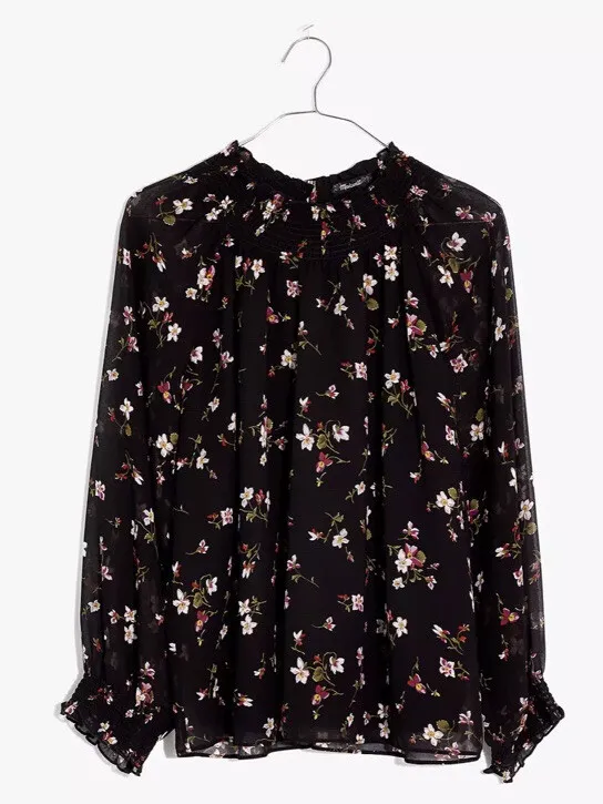 Madewell XL Black Floral Smocked Mock Neck Long Sleeve Blouse Romantic - Image 5