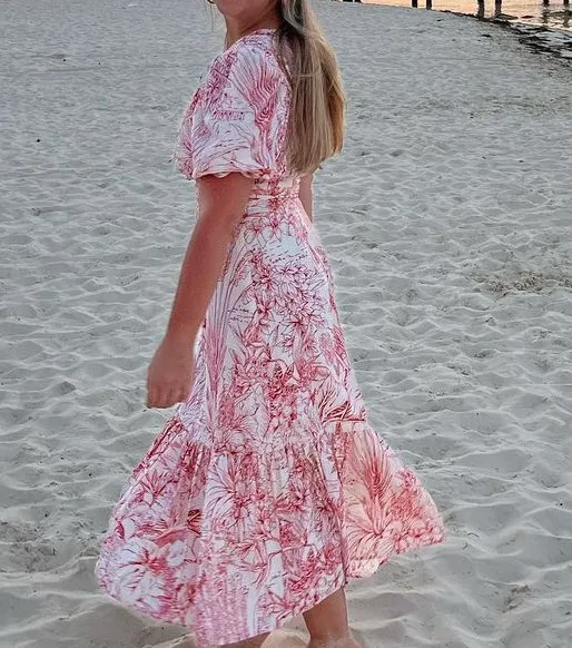 Printed One Shoulder Puff Sleeve Ruffle Hem Midi Dress - Image 2