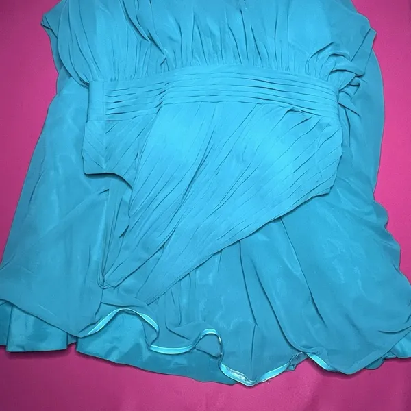 Azazie Turq Blue Chiffon One Shoulder Pleated Formal Bridesmaid Dress Size A18 - Image 4