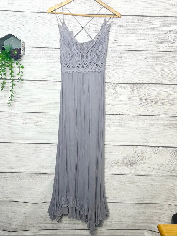 Free People Adella Crochet Lace Maxi Slip Dress in Light Gray Size Medium - Image 13