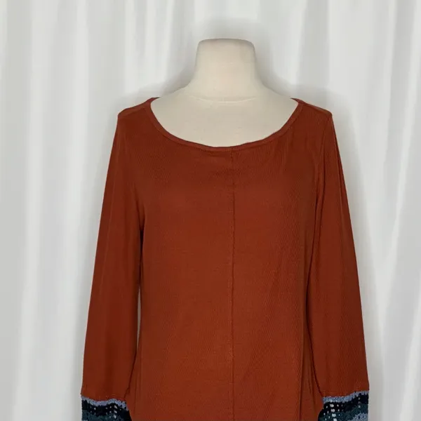 Anthropologie PILCRO Crochet Cuffed Thermal Top Cedar Pullover Stripes Small - Image 3
