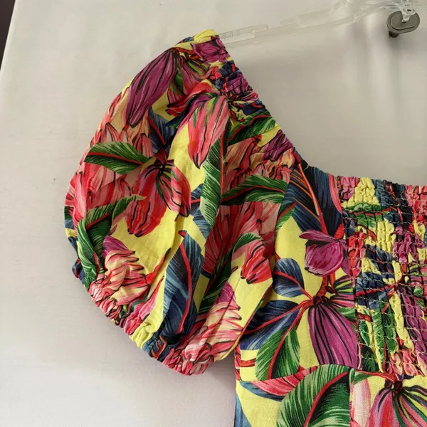 Farm Rio for Anthropologie Tropical Floral Smocked Linen Midi Dress XS - Image 6