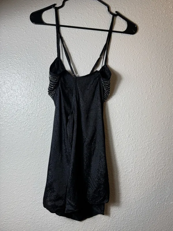 Free People Dress People Beaded Slip Mini Dress Black‎ Open Back Jacquard Size L - Image 7