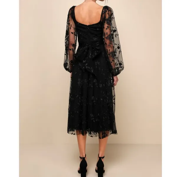 NEW Lulus Darling Charisma Black Mesh Embroidered Balloon Sleeves Midi Dress XS - Image 3