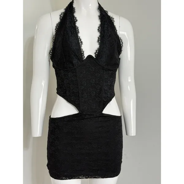 Windsor Gothic Lace Halter Mini Dress Women’s Black Cutout Whimsigoth Size M - Image 2
