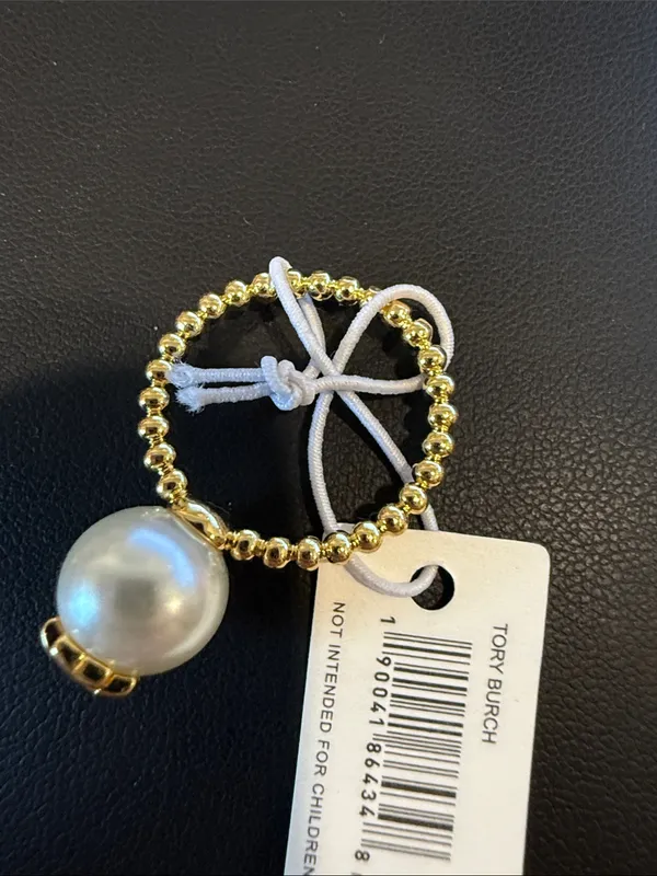 Tory Burch | Gold Plated & Pearl Beaded Band Ring | Size 7 - Image 3
