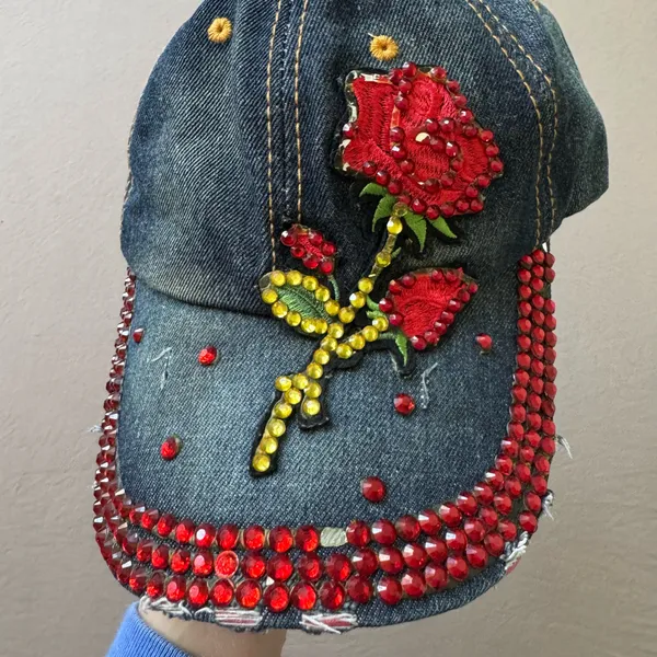 Grunge Y2K Bedazzled Distressed Denim Baseball Cap Blue - Image 3