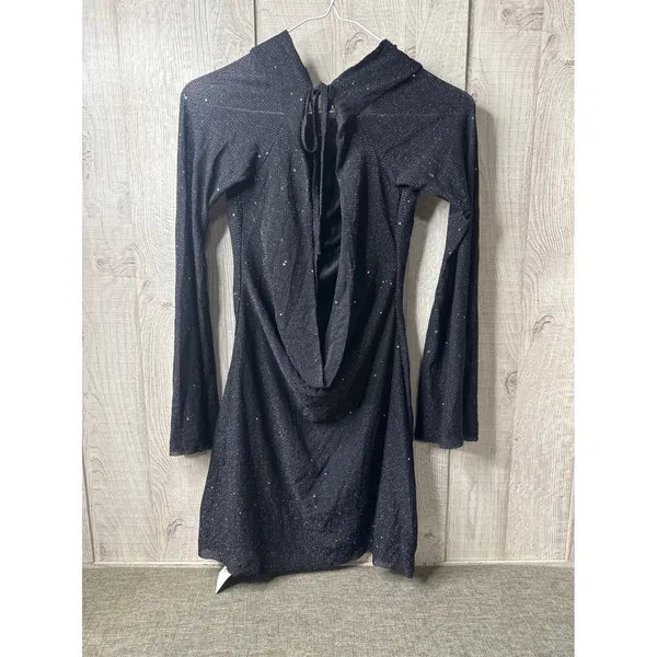 Womens M Black Sparkly Cowl Neck Open Back Long Sleeve Sexy Mini Cocktail Dress - Image 2